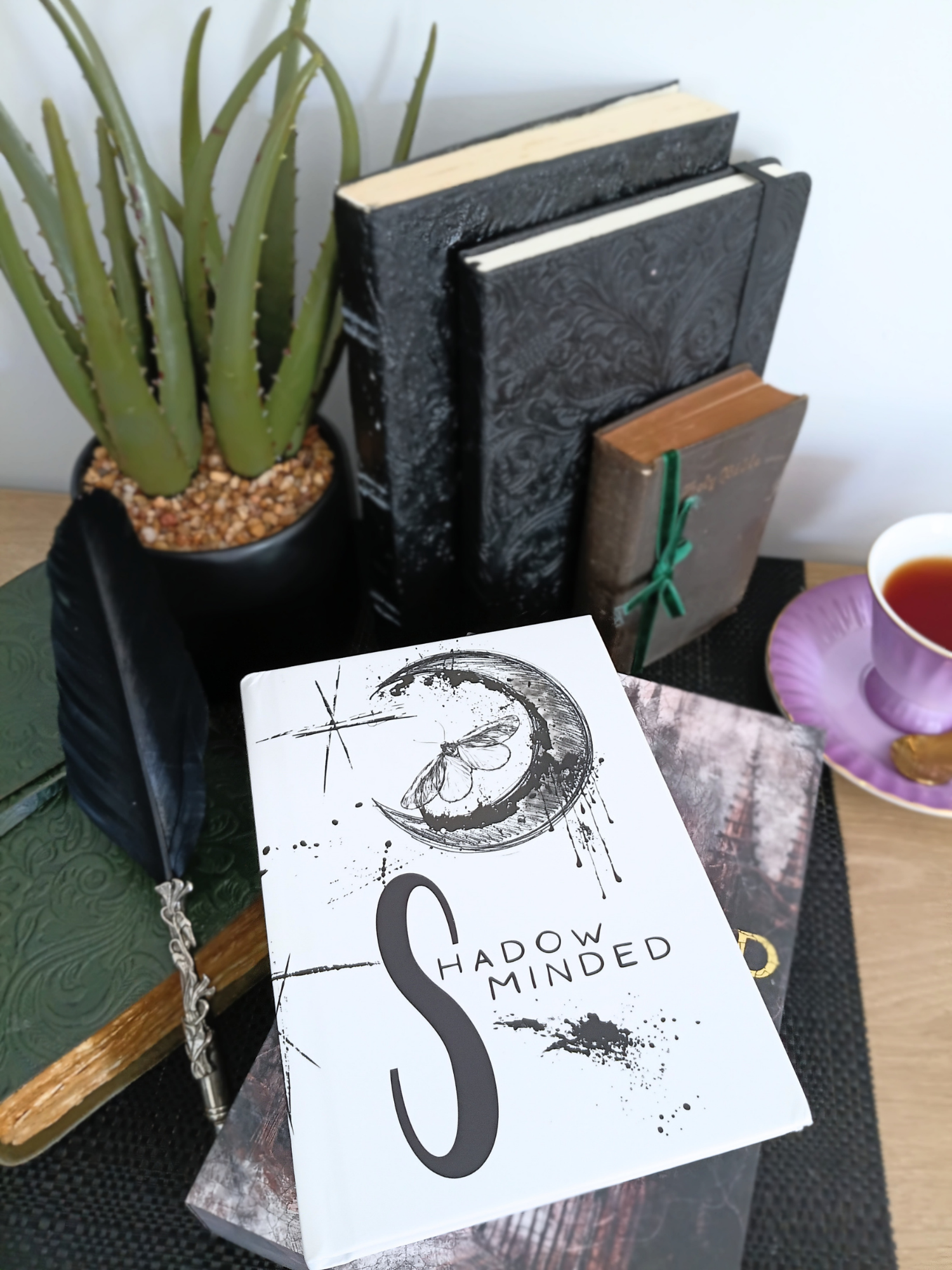 Book titled 'Shadow Minded' on a table with a plant and tea cup in the background